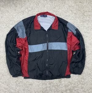 John Blair Vintage 90s Colorblock Windbreaker Jacket Mens L Black Red Nylon Zip